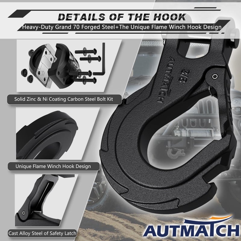 AUTMATCH Winch Hook 3/8" - Clevis Slip Hook with Safety Latch & Winch Cable Hook Stopper, Grade 70 Forged Steel Max 39,600Lbs Work for Winch Rope, ATV, UTV, Off Road Vehicle, Frosted Black - Image 5